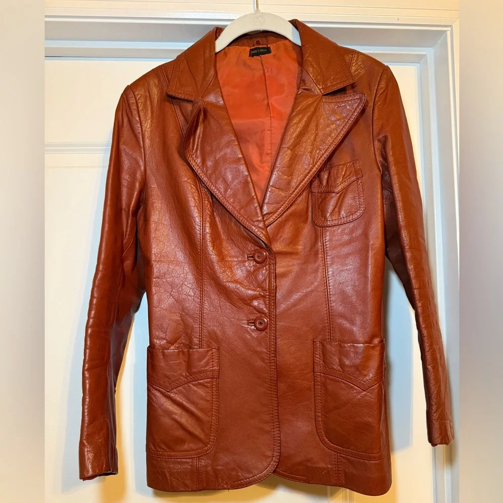 Authentic Original Vintage Style Rust Orange Leather Blazer Jacket - Picture 2 of 15